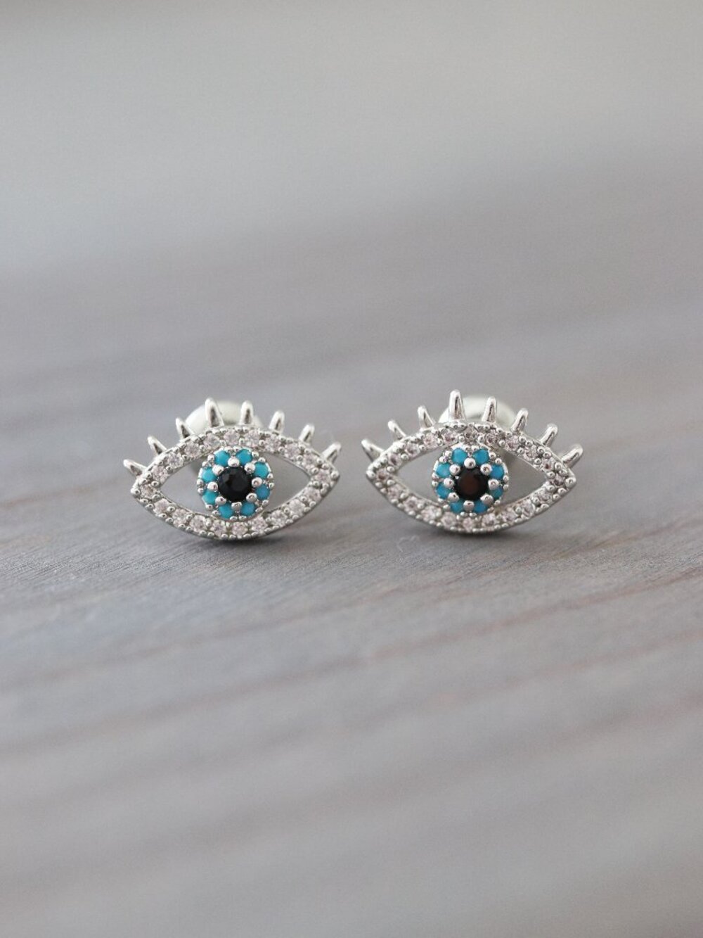 Evil Eye Blue/Turquoise Eyelash Style with CZ Diamond Stud Earrings Stainless